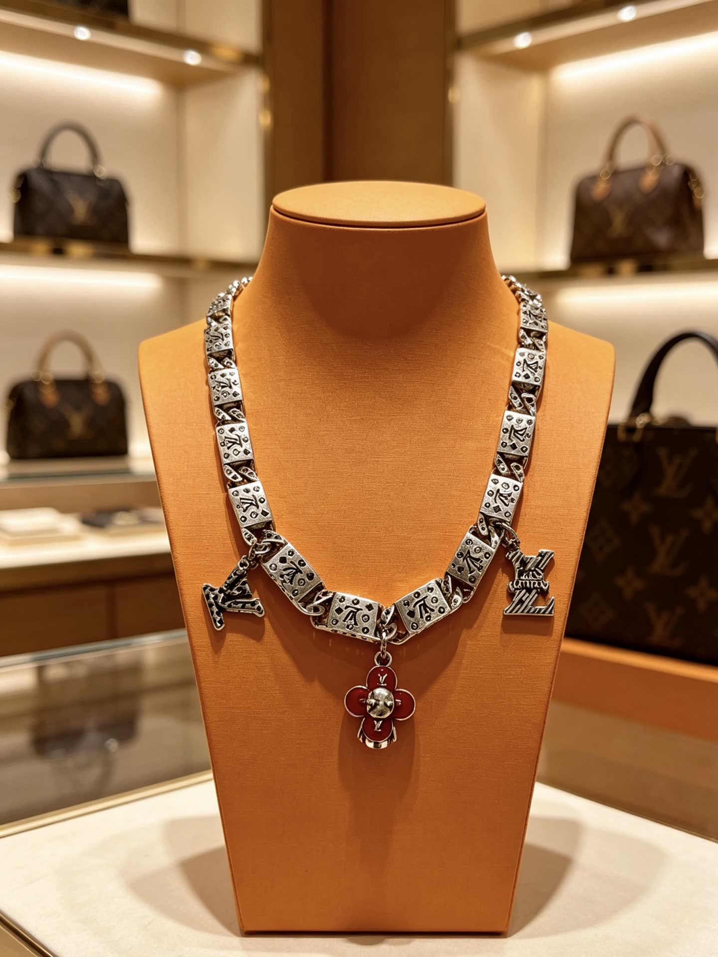 Louis Vuitton Silver Tone Necklace with Charms